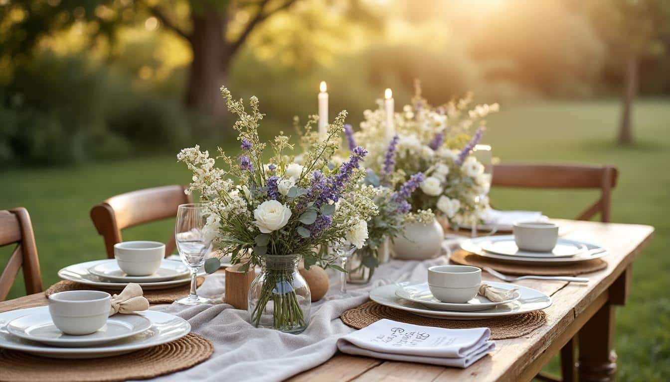 Illustration: Choisir les couleurs, accessoires et matériaux pour une décoration de table de mariage champêtre
