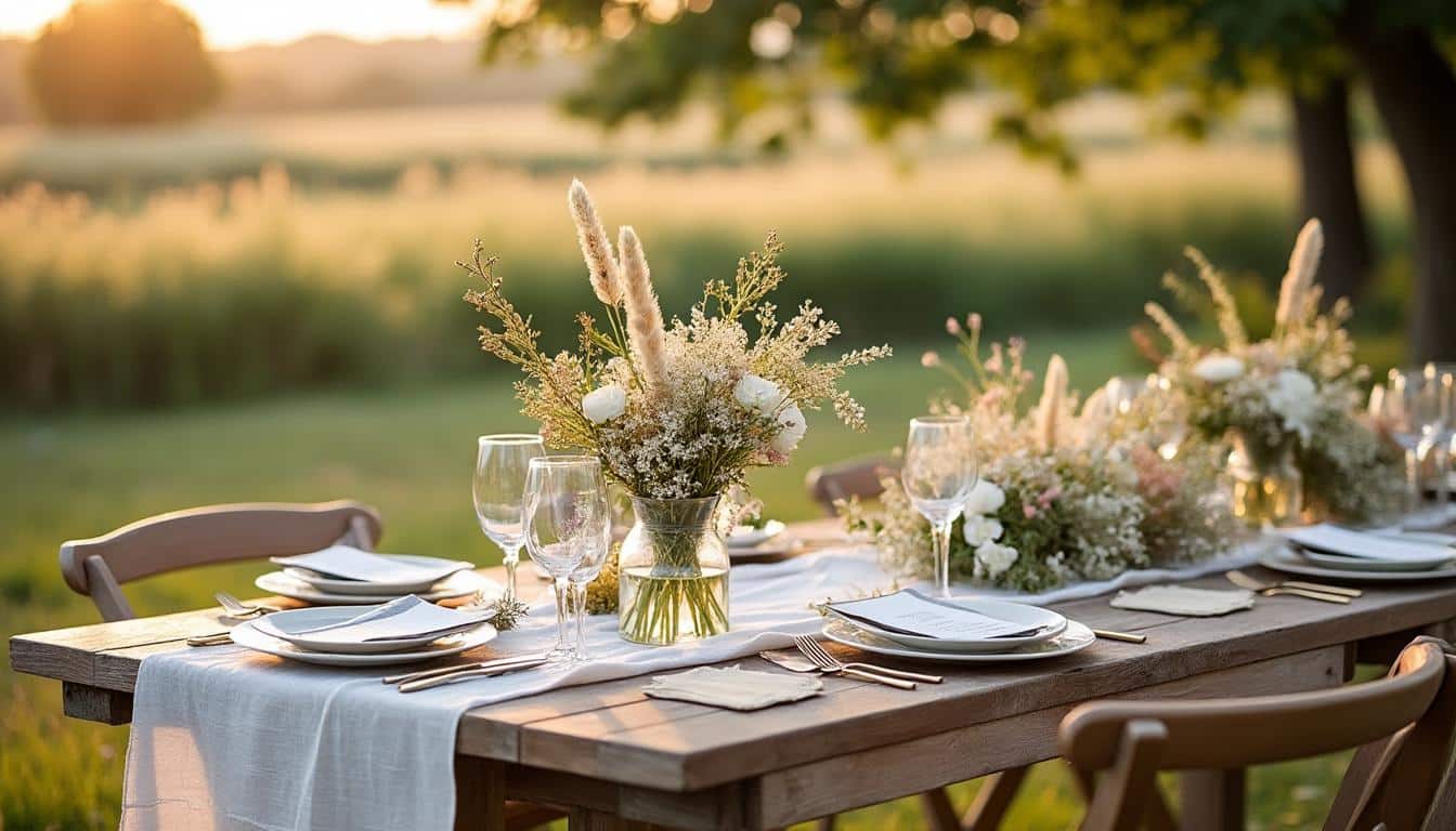 Illustration: Comprendre le style champêtre appliqué à la décoration de table de mariage