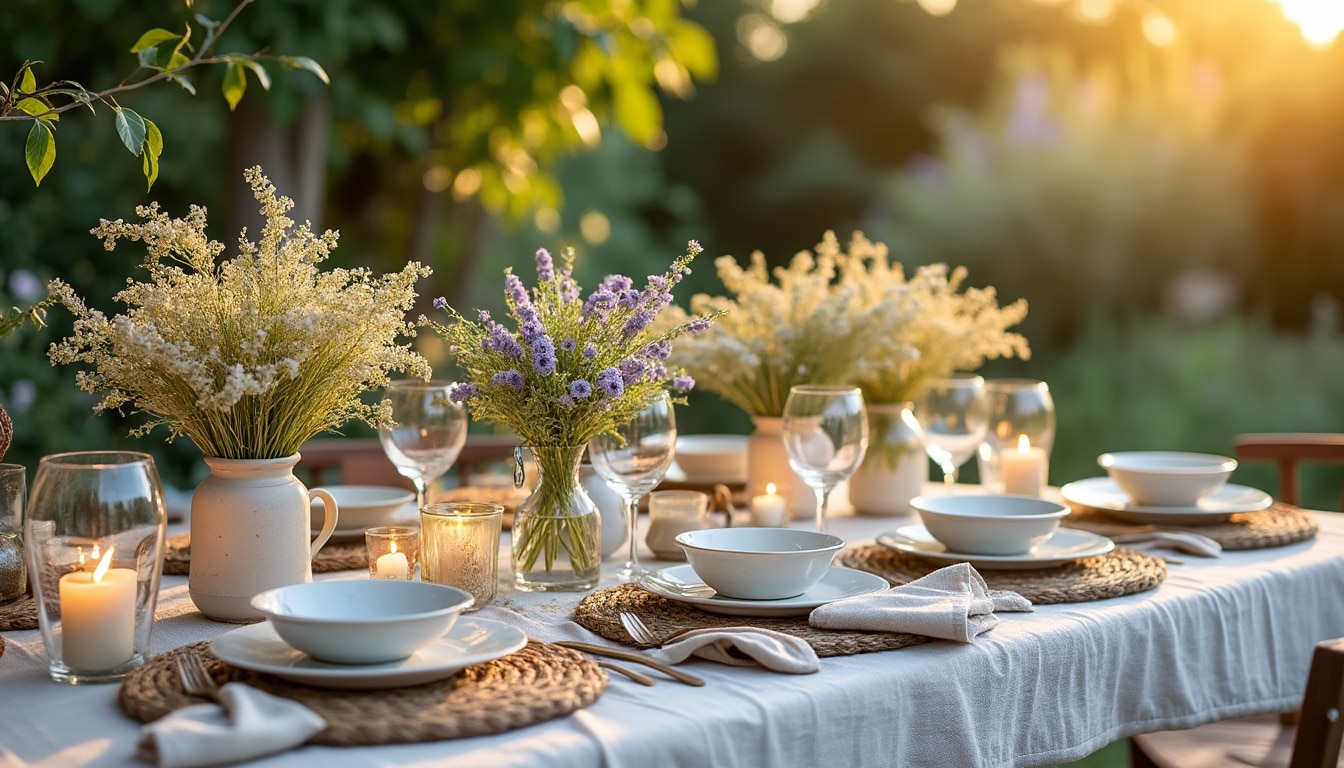 Illustration: Les couleurs et matières clés d’une décoration de table au thème champêtre